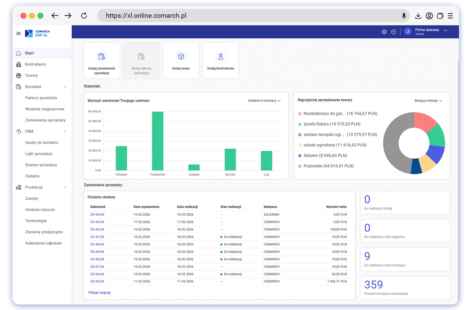 Rzeczywisty ekran startowy Comarch ERP XL Web z modułami sprzedaży, produkcji i magazynu